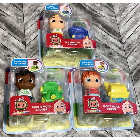 3 Cocomelon Cruisers JJ's Blue Car Cody's Moto Nico's Truck Yellow Blue Green - Picture 1 of 6